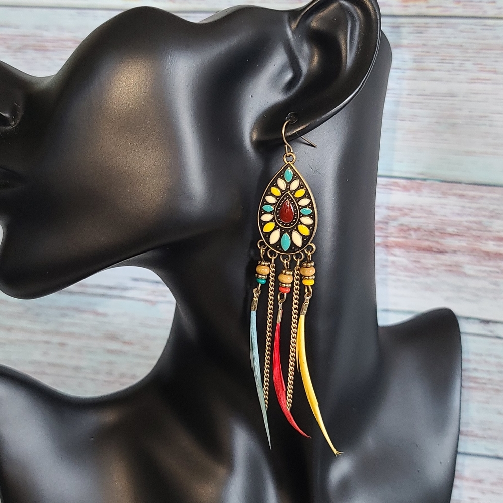 Handmade Bead and Feather Dangle Earrings